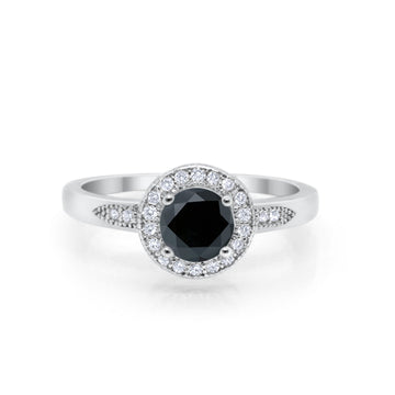 Halo Art Deco Engagement Ring Round Simulated Black CZ 925 Sterling Silver